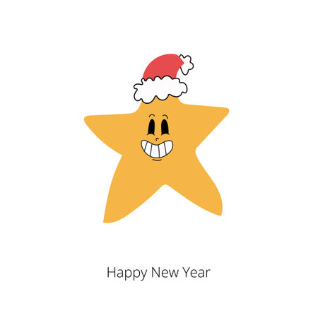 Groovy hippie Christmas. Christmas star in trendy retro cartoon style. Merry Christmas and Happy New year greeting card, poster, print, party invitation, background.のイラスト素材