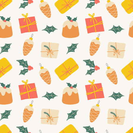 Christmas seamless pattern with cute winter cozy elements in bright color, cartoon and flat style. Trendy modern vector illustration, hand drawnのイラスト素材