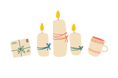 Set Christmas decor. Cozy winter illustration for stickers, candles, cup, letter. For the logo, cards, posters, wrapping, scrapbooking, patterns. Present stickers set in flat style.のイラスト素材