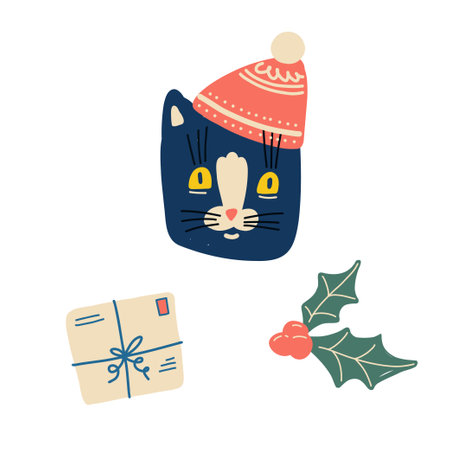 Set Christmas cats wearing winter accessories like hats and scarves on a white background withのイラスト素材