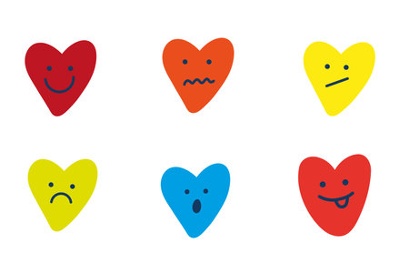 Vector set of adorable heart character in different poses with happy emotion on white background. Romantic flat style Valentine's Day illustrations to express feelings of loveのイラスト素材