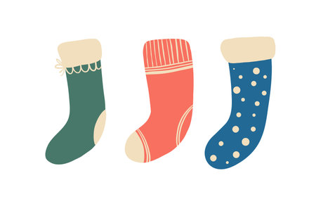 Christmas stockings vector. Colorful sock for winter holiday. Home decoration, place for present. Merry Christmas. Cute christmas socks illustration vector.のイラスト素材