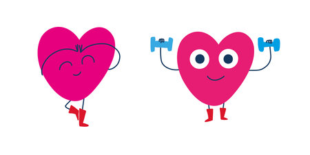 retro cartoon heart in trendy style with sports theme, mascot character, vector illustration. Concept of a healthy heartのイラスト素材