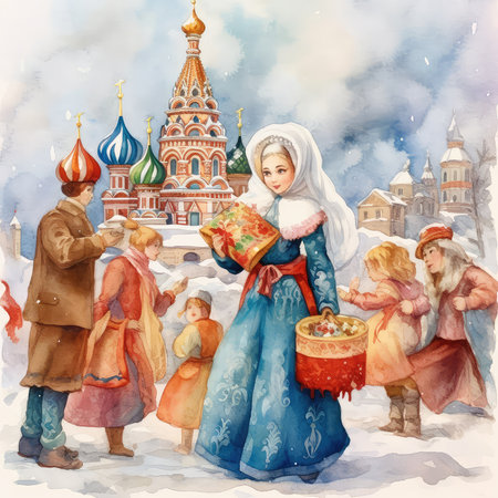 Maslenitsa Russian holiday. Pancake Week at Russia, watercolor style. Slavic national festival Maslenitsa or shrovetide. People in folk costumes eat big tasty pancakes, have fun on winter pancake holiday week.の素材