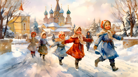 Maslenitsa Russian holiday. Pancake Week at Russia, watercolor style. Slavic national festival Maslenitsa or shrovetide. People in folk costumes eat big tasty pancakes, have fun on winter pancake holiday week.の素材