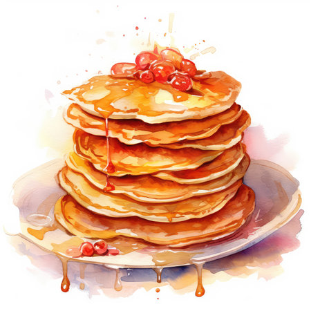 A plate of pancakes with honey and berries, watercolor style. illustration for postcards and posters. National Slavic and Russian food in celebration of Shrovetide week. Pancake Week at Russia.の素材