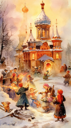 Maslenitsa Russian holiday. Pancake Week at Russia, watercolor style. Slavic national festival Maslenitsa or shrovetide. People in folk costumes eat big tasty pancakes, have fun on winter pancake holiday week.の素材