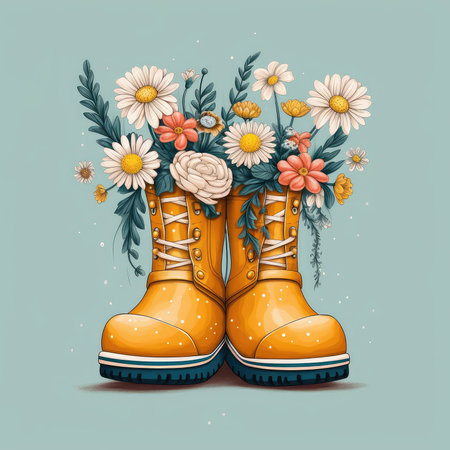 Watercolor illustration boots with bouquet of spring and autumn flowers. bouquet of flowers in Wellingtons for a festive card, greeting card, invitation, leaflet. Drawn watercolor illustration isolated on white backgroundの素材