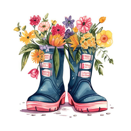Watercolor illustration boots with bouquet of spring and autumn flowers. bouquet of flowers in Wellingtons for a festive card, greeting card, invitation, leaflet. Drawn watercolor illustration isolated on white backgroundの素材
