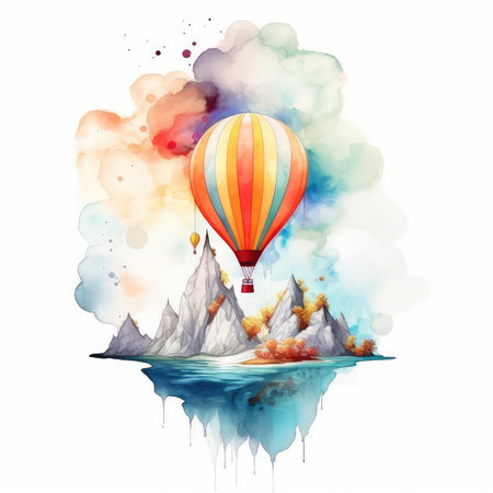 Watercolor illustration. Travel around the world by hot air balloon. Children's poster. Cute landscape.の素材
