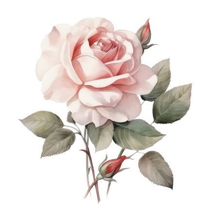 Watercolor composition from white cream roses and green leaves. illustration isolated white background. Element natural plant twigs with light pink rose for design, Botanic composition for wedding or greeting card. branch of flowers - abstraction roses, romanticの素材