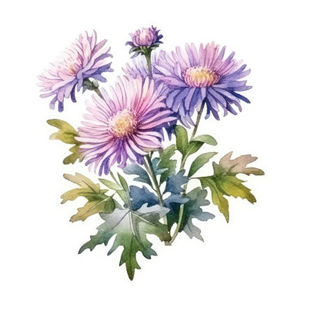 Aster Flower watercolor. Flower watercolor illustration. for holiday cards, wedding invitation, design, on an isolated white background.の素材