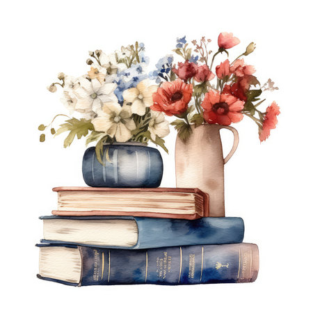 Watercolor Book flowers painted isolated on a white background, watercolor painting of flowers. Illustration of farm style, Provence, rustic style, for decoration of weddings, postcards. Old books and Decorative bouquet of flowers for a festive card, greeting card, invitation, leafletの素材