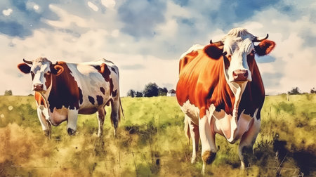 Summer watercolor background. A landscape with blue clouds, green grass and meadow, a farmhouse and grazing cows.の素材