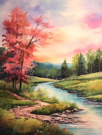 Summer watercolor background. A landscape with blue clouds, green grass and a meadow, a small rural house in the forest next to the river.の素材