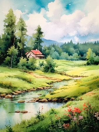 Summer watercolor background. A landscape with blue clouds, green grass and a meadow, a small rural house in the forest next to the river.の素材