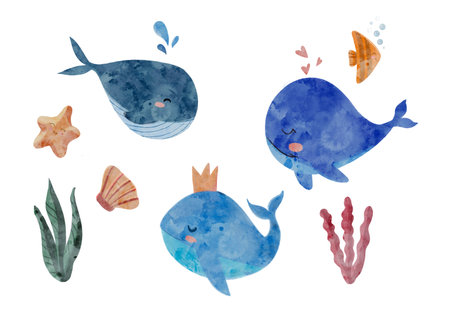 Set of Cute blue whale. Isolated on white background. Underwater animal art. Watercolor illustration.の写真素材