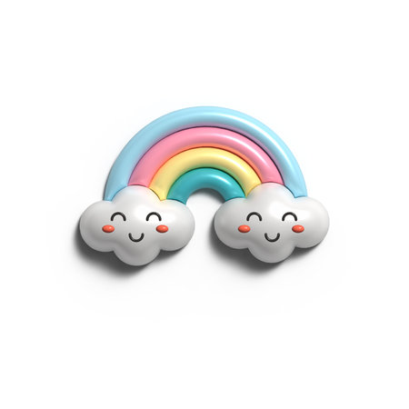 3D Cartoon Colorful Rainbow with Clouds. 3D Weather Icon. Illustration of 3d Render in minimal style Isolated on White Background.の写真素材
