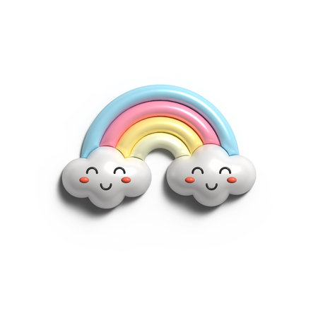 3D Cartoon Colorful Rainbow with Clouds. 3D Weather Icon. Illustration of 3d Render in minimal style Isolated on White Background.の写真素材