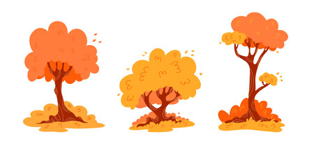 Set autumn trees. Cartoon yellow orange fall trees and autumn garden icon with fall season gold leaves for city park and forest landscape background vector isolated illustrationのイラスト素材