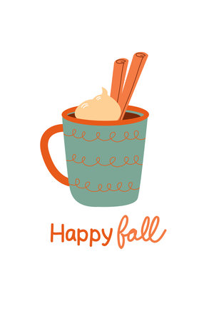Autumn card happy fall, banner template with cocoa mug. Tasty cappuccino with cream. Coffee with marshmallows and cinnamon. Spiced tea with cinnamon sticks. Vector illustration of warming drinks in cupsのイラスト素材