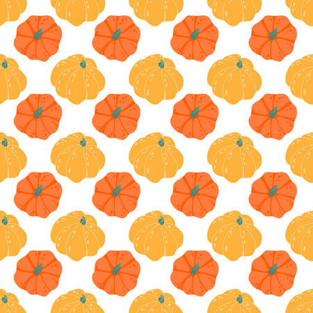 Pumpkins seamless pattern. Colorful pumpkins on a white background. Happy Thanksgiving vector pattern. Harvest season. Fill pattern. Autumn design for fabric, paper, cover, interior decor.のイラスト素材