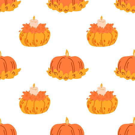 Pumpkins with candles seamless pattern. Colorful pumpkins on a white background. Happy Thanksgiving vector pattern. Harvest season. Fill pattern. Autumn design for fabric, paper, cover, interior decor and scrapbookingのイラスト素材