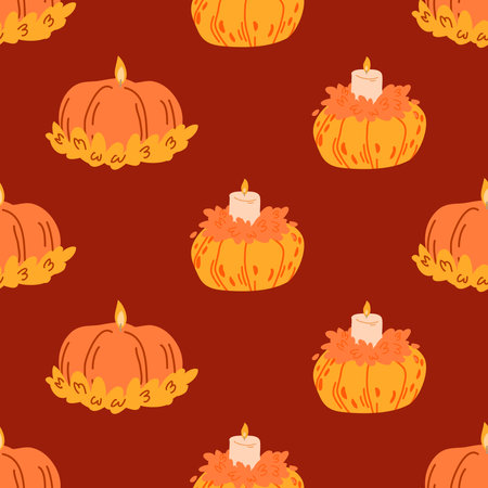 Pumpkins with candles seamless pattern. Colorful pumpkins on a white background. Happy Thanksgiving vector pattern. Harvest season. Fill pattern. Autumn design for fabric, paper, cover, interior decor and scrapbookingのイラスト素材