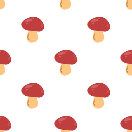 Mushroom background pattern. Seamless pattern with stylized sketches of edible porcini mushrooms. Cute Fall nature illustration, design element.のイラスト素材
