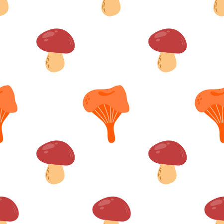 Mushroom background pattern. Seamless pattern with stylized sketches of edible mushrooms chanterelle and porcini mushrooms. hand drawn textured mushrooms. Cute Fall nature illustration, design element.のイラスト素材