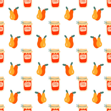 Seamless pattern with pearl jam, marmalade. Canned pearl hand drawn. Jar preserved fruits. Repeated Flat vector for menu, wallpaper, wrapping paper, packing, textile. Farmers market, Vegan foodのイラスト素材