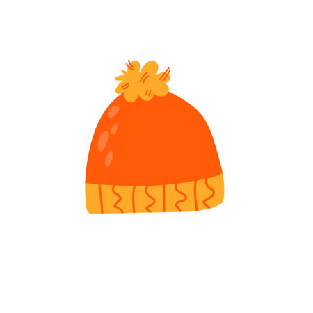Orange winter hat with a yellow stripe at the bottom and a yellow pompom on top. There are wavy orange lines on the yellow stripe. vector. Seasonal Design vector elements. Cartoon style.のイラスト素材