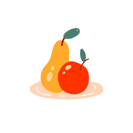 Flat illustration of pear, apple with green leaves on a plate. Vector composition for the harvest festival. Clipart for cards, prints, banners on an autumn themeのイラスト素材