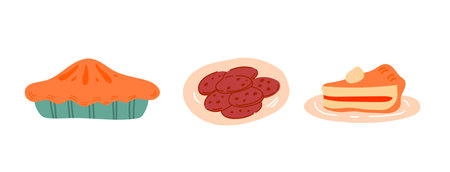 Set of cozy stickers with pumpkin pie and chocolate cookies on a plate. Vector autumn food isolated on a white backgroundのイラスト素材