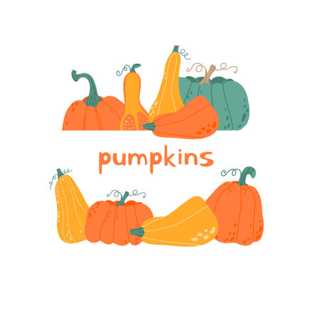 Cute pumpkins in orange, yellow and green colors. Minimalistic design of the cozy autumn concept, banner template, postcard.のイラスト素材