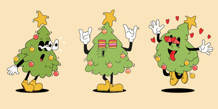 Groovy Christmas Tree Character, Retro Space with Tinsel, Light Garland, Gift Box and Shades. Jiviest Holiday Personage. Coloring pageのイラスト素材