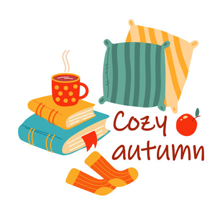 Cozy Autumn items: pillows, book, coffee mug, apple, socks. Idea of coziness and comfortable lifestyle, winter and autumn mood. Hygge hand drawn vector illustration.のイラスト素材