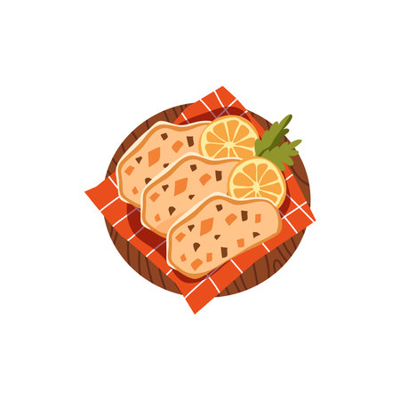 Stollen on a wooden stand. Traditional german pastry for Christmas,advent time.Sweet bread with raisins in winter time.Vector illustration isolated on whiteのイラスト素材