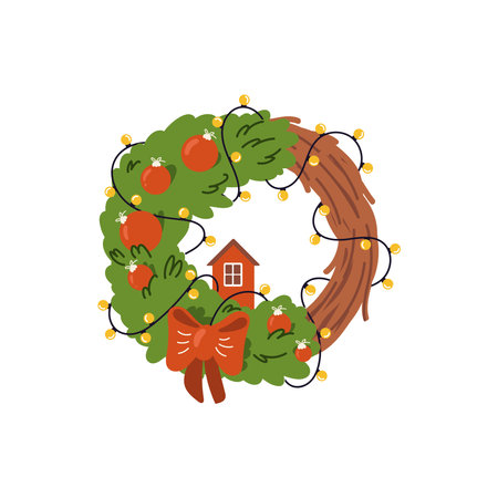 Christmas wreath. traditional winter garland minimal doodle illustration style, xmas evergreen spruce branch decoration whits red bow, decorative house and Christmas balls. Merry Christmas illustrationのイラスト素材