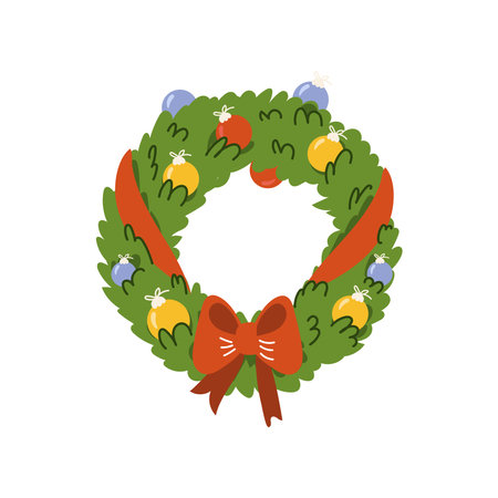 Christmas wreath. traditional winter garland minimal doodle illustration style, xmas evergreen spruce branch decoration. Merry Christmas flat vector illustrationのイラスト素材