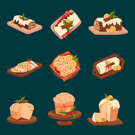 Stollen, Italian panettone end Yule Log Christmas dessert cake icon on a wooden stand. Traditional german end american pastry for christmas, advent time. Vector illustration stickers set isolated on white backgroundのイラスト素材
