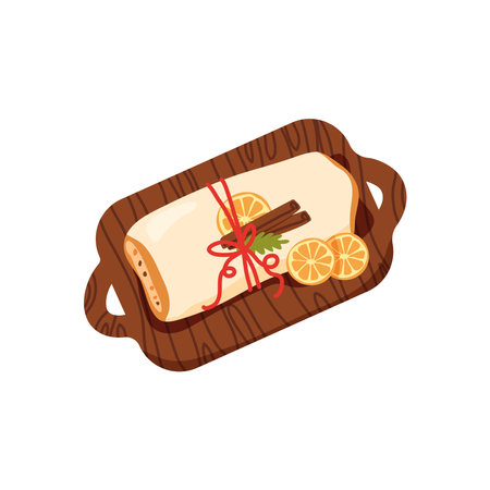 Stollen on a wooden stand. Traditional german pastry for Christmas,advent time.Sweet bread with raisins in winter time.Vector illustration isolated on whiteのイラスト素材