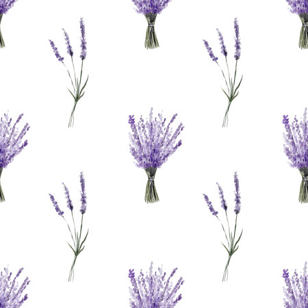 Lavender flowers seamless pattern isolated on white background. Watercolor botanical illustration. For card, wallpaper, packaging, invitation, scrapbooking, decoupage, embroideryの写真素材