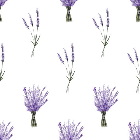 Lavender flowers seamless pattern isolated on white background. Watercolor botanical illustration. For card, wallpaper, packaging, invitation, scrapbooking, decoupage, embroideryの写真素材