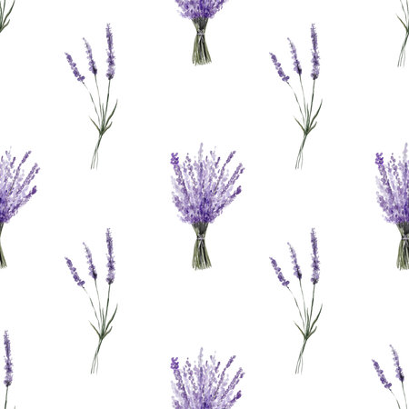 Lavender flowers seamless pattern isolated on white background. Watercolor botanical illustration. For card, wallpaper, packaging, invitation, scrapbooking, decoupage, embroideryの写真素材