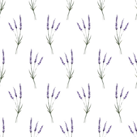 Lavender flowers seamless pattern isolated on white background. Watercolor botanical illustration. For card, wallpaper, packaging, invitation, scrapbooking, decoupage, embroideryの写真素材