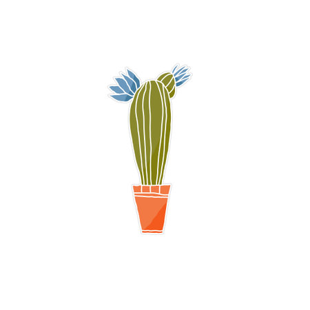 Blooming cactus in a ceramic pot, flat vector sticker. Minimalist home decor illustration, isolated on a white background. Perfect for stickers, botanical designs, and interior decoration.のイラスト素材