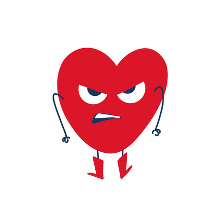 Red heart with legs and arms showing an angry expression, isolated on a white background in flat-style vector illustration.のイラスト素材