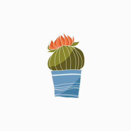 Blooming cactus in a ceramic pot, flat vector sticker. Minimalist home decor illustration, isolated on a white background. Perfect for stickers, botanical designs, and interior decoration.のイラスト素材
