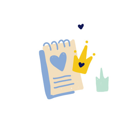 Hand-drawn illustration of a spiral notebook with a heart symbol, a crown, and abstract shapes. Designed in a soft pastel color palette with a playful doodle aesthetic. Perfect for stationery, prints, and digital use.のイラスト素材